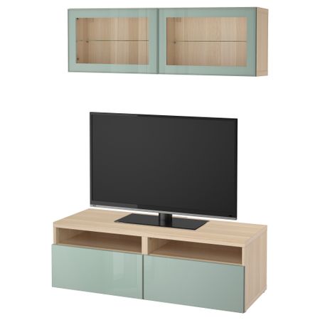 Шкаф для ТВ, комбинированный, стекляные дверцы БЕСТО, под беленый дуб Сельсвикен, глянцевый/серо-зеленый светлый прозрачное