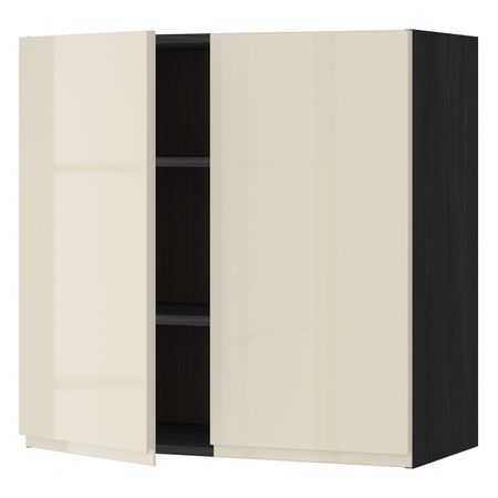 Навесной шкаф с полками/2дверцы, черный, Воксторп глянцевый светло-бежевый 80x80 см IKEA МЕТОД 192.406.89