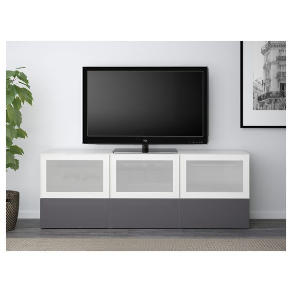 Тумба под ТВ, с дверцами и ящиками БЕСТО, белый, Сельсвикен глянцевый/серый матовое стекло (180x40x64 см) - фото 2