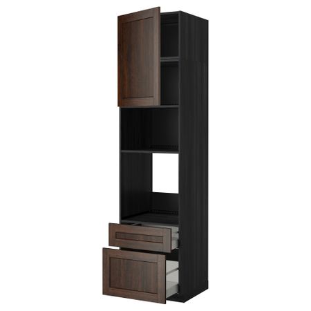 Высокий шкаф для духовки/СВЧ дверца, 2 ящика МЕТОД / МАКСИМЕРА, черный, Эдсерум коричневый