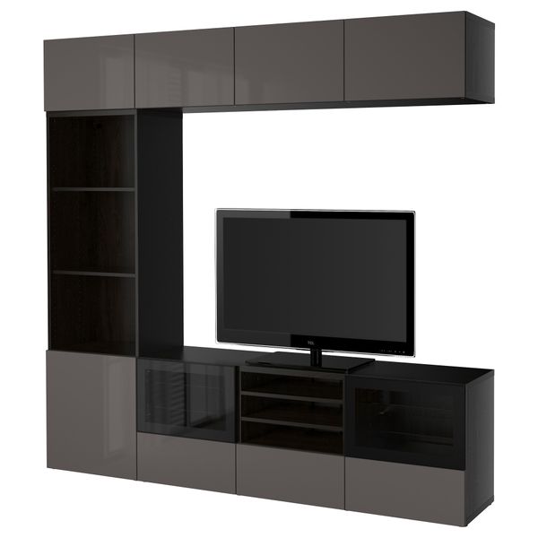 Шкаф для ТВ, комбинированный, стекляные дверцы БЕСТО, черно-коричневый, Сельсвикен глянцевый/серый прозрачное стекло (240x40x230 - фото 1