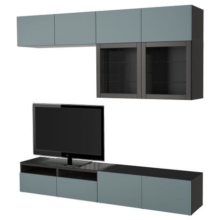 Шкаф для ТВ, комбинированный, стекляные дверцы БЕСТО, черно-коричневый, Вальвикен серо-бирюзовый, прозрачное стекло (240x40x230