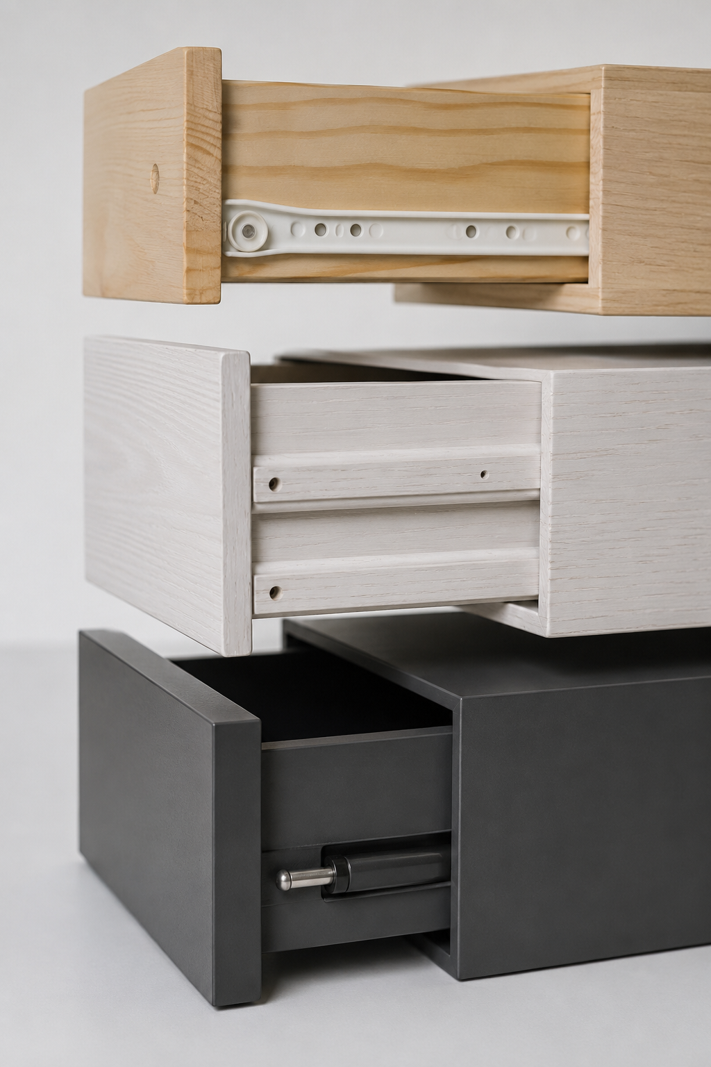 Сравнение механизмов ящиков: пластик RAST, дерево HEMNES и push-to-open NORDLI