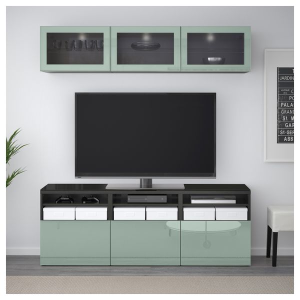 Шкаф для ТВ, комбинированный, стекляные дверцы БЕСТО, черно-коричневый Сельсвикен, глянцевый/серо-зеленый светлый прозрачное - фото 2