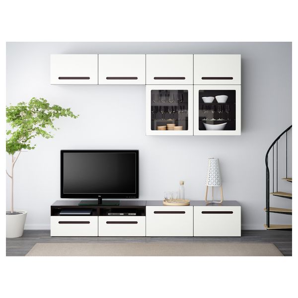 Шкаф для ТВ, комбинированный, стекляные дверцы БЕСТО, черно-коричневый, Марвикен белый прозрачное стекло (240x40x230 см) - фото 2