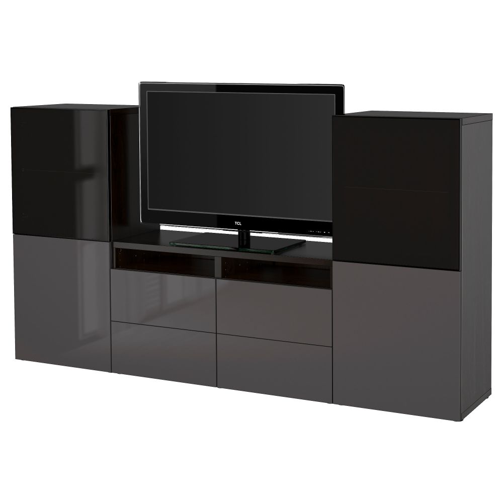 Шкаф для ТВ, комбинированный, стекляные дверцы БЕСТО, черно-коричневый, Сельсвикен глянцевый/серый дымчатое стекло (240x40x128 - фото 1