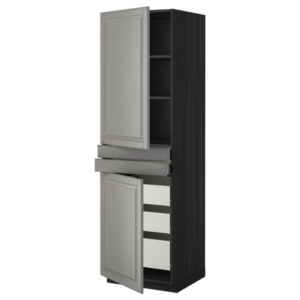 Высокий шкаф + полки, 5 ящиков, 2 дверцы, 2 фронтальных МЕТОД / МАКСИМЕРА, черный, Будбин серый - фото 1