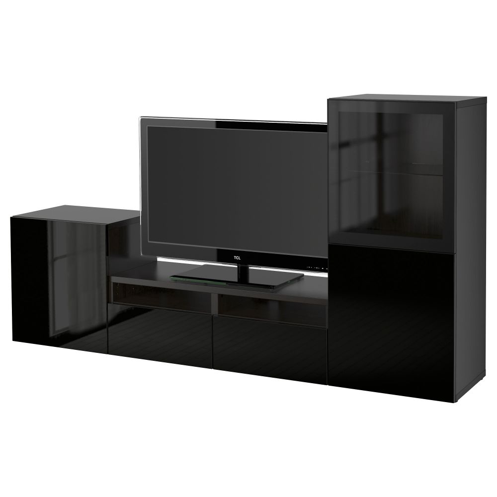 Шкаф для ТВ, комбинированный, стекляные дверцы БЕСТО, черно-коричневый, Сельсвикен глянцевый/черный прозрачное стекло - фото 1