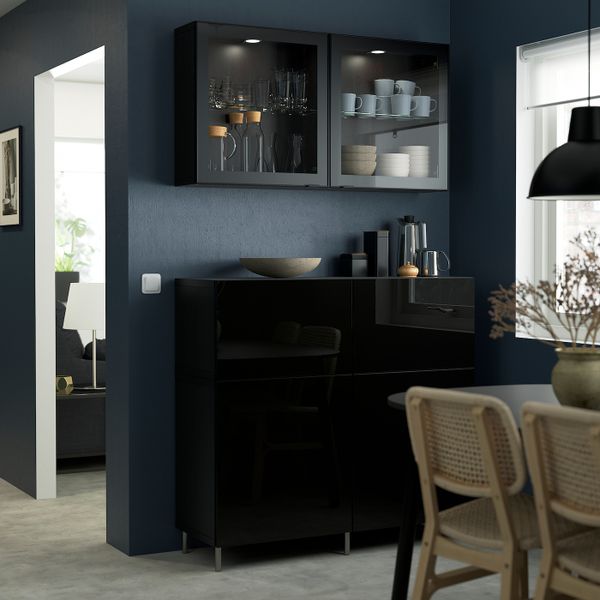 Комбинация для хранения с дверцами/ящ, черно-коричневый/СЕЛЬСВИКЕН/осарп глянцевый, черный прозрачное стекло 120x42x213 см IKEA - фото 2