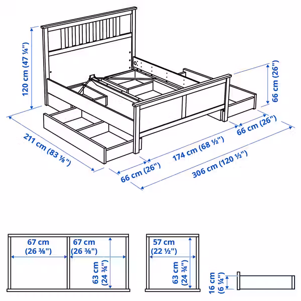HEMNES Каркас кровати с 4 ящиками - схема-чертеж с размерами