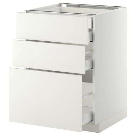 Напольный шкаф 3 фронтальные панели, 2 низких, 1 средний, 1 встроенный ящ, белый/Хэггеби белый 60x60 см IKEA METOD МЕТОД /