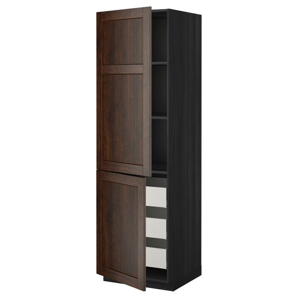 Высокий шкаф + полки, 3 ящика, 2 дверцы МЕТОД / МАКСИМЕРА, черный, Эдсерум коричневый - фото 1