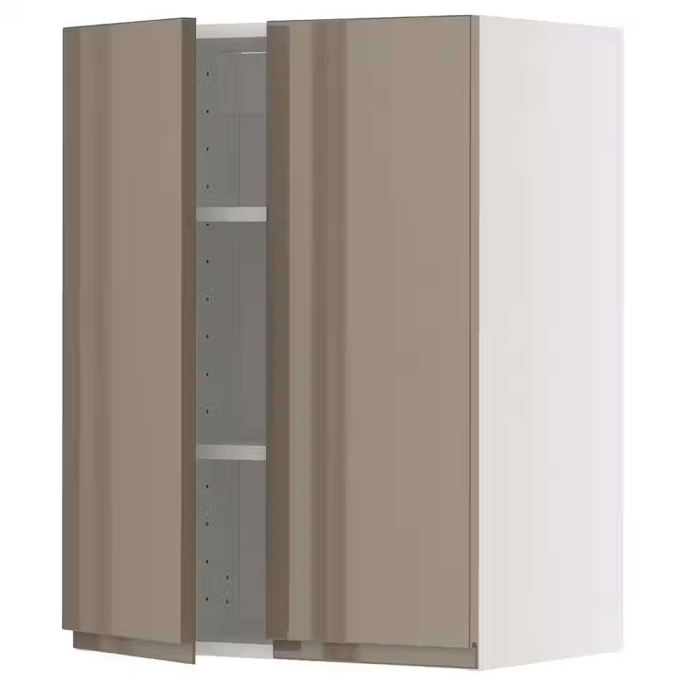 METOD Навесной шкаф с полками/2дверцы - белый/Voxtorp глянцевый темный серо-коричневый 60x80 см - фото 1