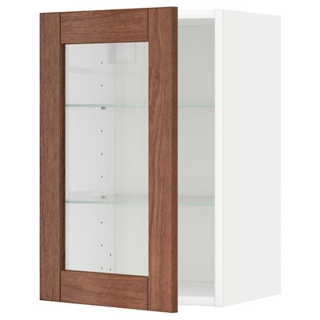 Навесной шкаф с полками, стекляными дверцы МЕТОД, белый, Филипстад коричневый