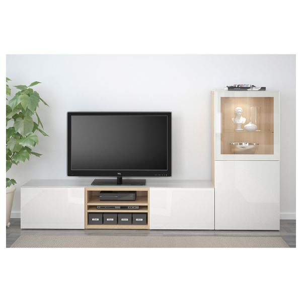 Шкаф для ТВ, комбинированный, стекляные дверцы БЕСТО, под беленый дуб, Сельсвикен глянцевый/белый прозрачное стекло (240x40x128 - фото 2