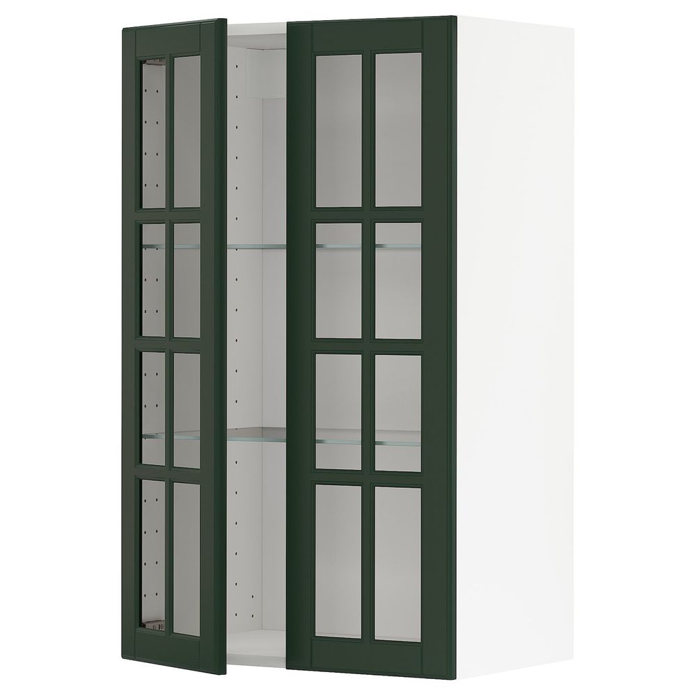 Навесной шкаф с полками, 2 стекло дв, белый/Будбин темно-зеленый 60x100 см IKEA METOD МЕТОД 893.122.77 - фото 1
