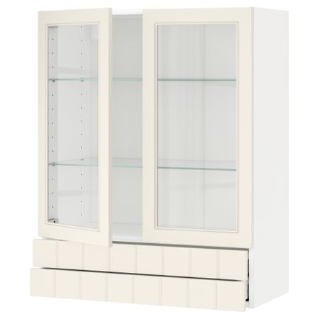 Навесной шкаф, 2 стеклянные дверцы, 2 ящика МЕТОД / МАКСИМЕРА, белый, Хитарп белый с оттенком