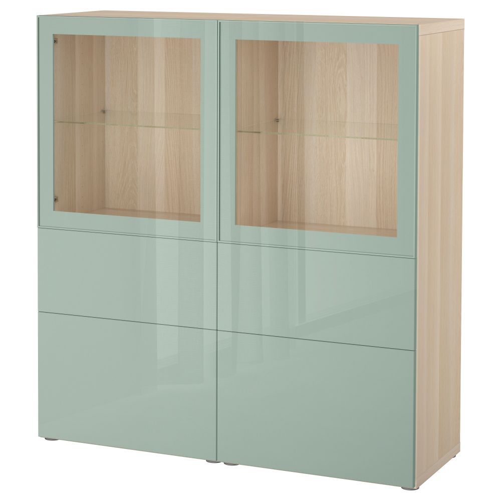 Комбинация для хранения со стеклянными дверцами БЕСТО, под беленый дуб Сельсвикен, глянцевый/серо-зеленый светлый прозрачное - фото 1