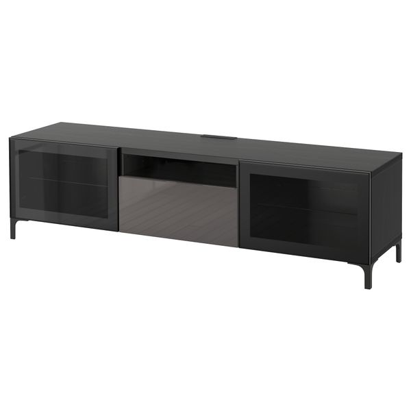 Тумба под ТВ БЕСТО, черно-коричневый, Сельсвикен глянцевый/серый прозрачное стекло (180x40x48 см) - фото 1