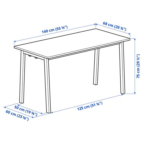 MITTZON МИТТЗОН Конференц-стол - дубовый шпон/белый 140x68x75 см - схема-чертеж с размерами