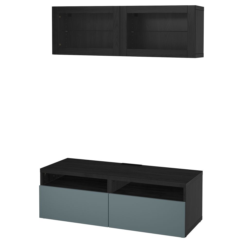 Шкаф для ТВ, комбинированный, стекляные дверцы БЕСТО, черно-коричневый, Вальвикен серо-бирюзовый, прозрачное стекло - фото 1