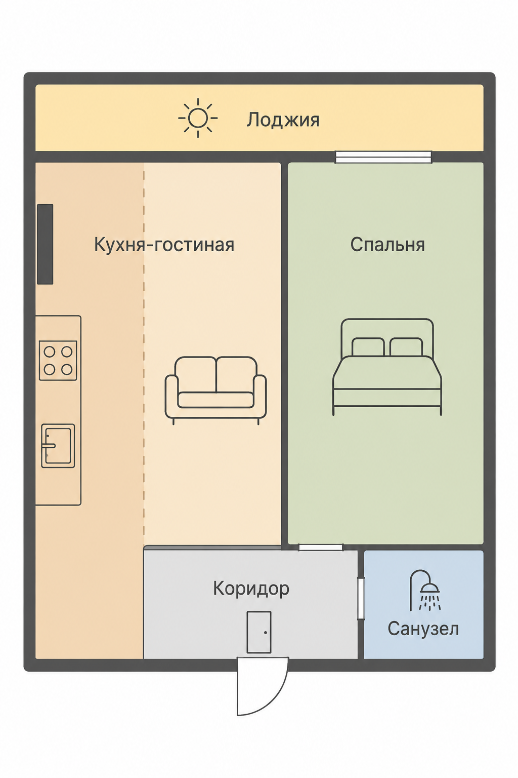 Типовая планировка квартиры 40 м² в ЖК Минск Мир: зоны, несущие стены, вентиляционный канал