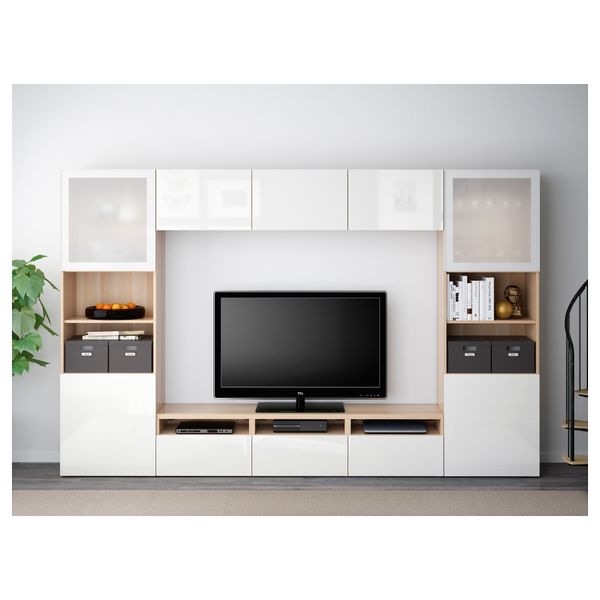 Шкаф для ТВ, комбинированный, стекляные дверцы БЕСТО, под беленый дуб, Сельсвикен глянцевый/белый матовое стекло (300x40x192 см) - фото 2