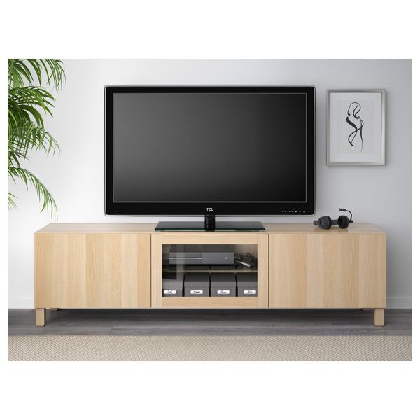 Тумба под ТВ с ящиками и дверцей БЕСТО, Лаппвикен под беленый дуб, прозрачное стелко (180x40x48 см) - схема-чертеж с размерами