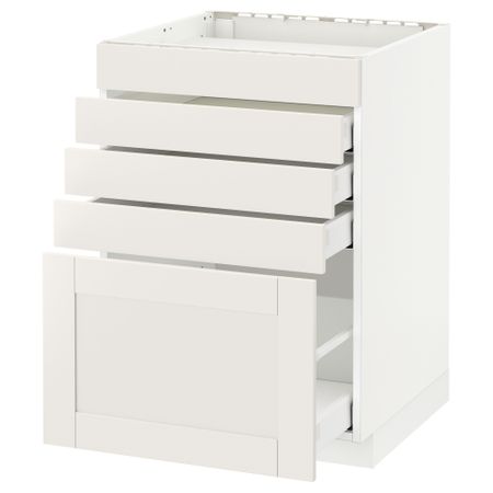 Напольный шкаф для варочной панели, 5 фасадов, 4 ящиков МЕТОД / МАКСИМЕРА, белый, Сэведаль белый