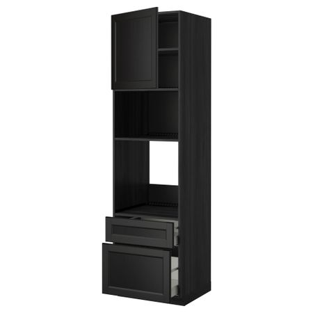 Высокий шкаф для духовки/СВЧ дверца, 2 ящика МЕТОД / МАКСИМЕРА, черный, Лаксарби черно-коричневый