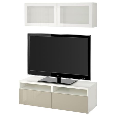 Шкаф для ТВ, комбинированный, стекляные дверцы БЕСТО, белый, Сельсвикен глянцевый/бежевый матовое стекло (120x20/40x166 см)