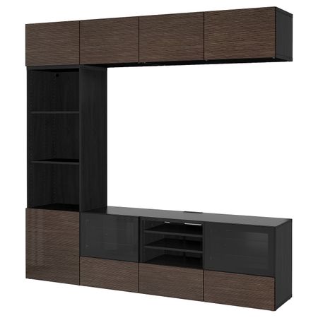 Шкаф для ТВ, комбинированный, стекляные дверцы, черно-коричневый/Сельсвикен глянцевый, коричневый прозрачное стекло 240x40x230
