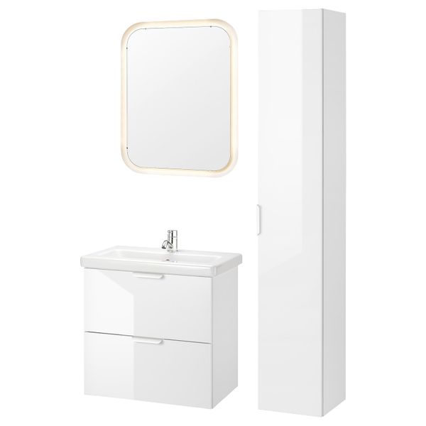 Комплект мебели для ванной,8 предм., глянцевый белый/ПИЛКОН смеситель 64x43x65 см IKEA FISKÅN ФИСКОН / TVÄLLEN ТВЭЛЛЕН - фото 1