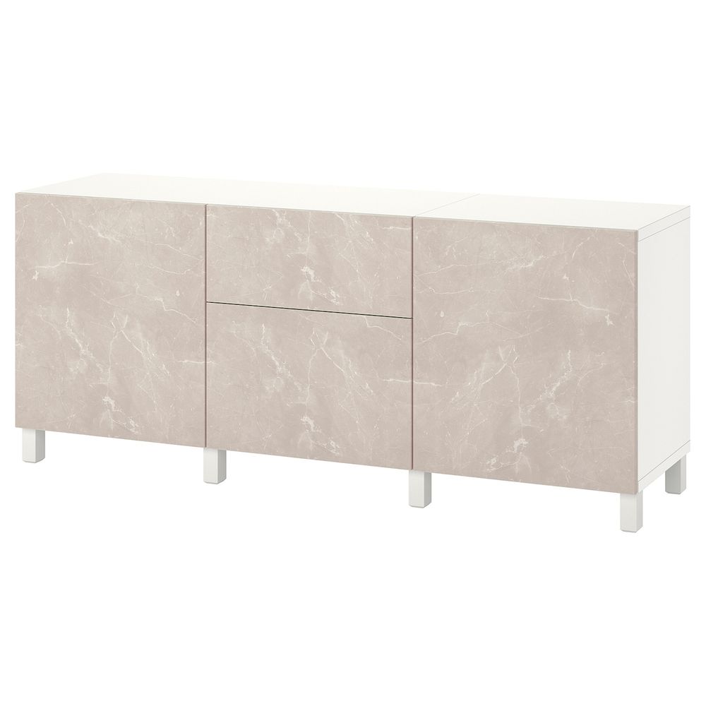 Комбинация для хранения с ящиками, белый БЕРГСВИКЕН/СТУБ/бежевый под мрамор 180x42x74 см IKEA BESTÅ БЕСТО 994.355.17 - фото 1