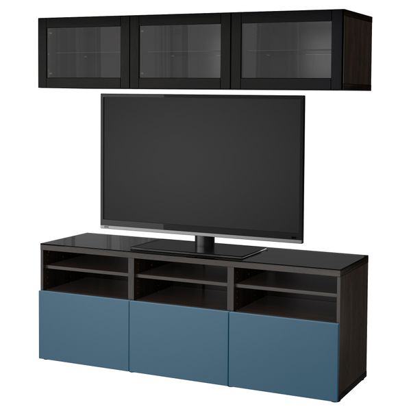 Шкаф для ТВ, комбинированный, стекляные дверцы БЕСТО, черно-коричневый Вальвикен, темно-синий прозрачное стекло (180x40x192 см) - фото 1