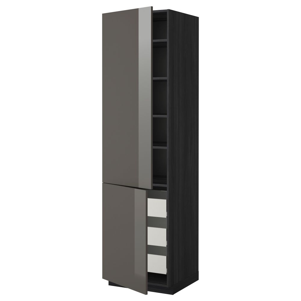 Высокий шкаф + полки, 3 ящика, 2 дверцы МЕТОД / ФОРВАРА, черный, Рингульт серый - фото 1