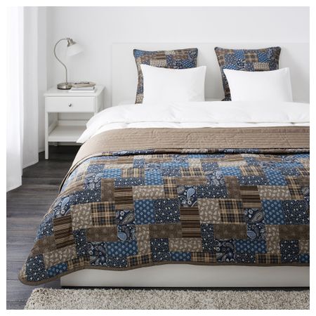 Покрывало и 2 чехла на подушку ФРЭКЕН, синий, коричневый