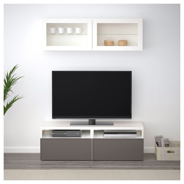 Шкаф для ТВ, комбинированный, стекляные дверцы БЕСТО, белый Грундсвикен, темно-серый прозрачное стекло (120x20/40x166 см) - фото 2