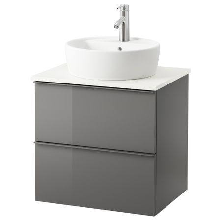 Шкаф п-раковину/столешн45/раковина ГОДМОРГОН/АЛДЕРН / ТОРНВИКЕН, глянцевый серый, белый (62x49x74 см)