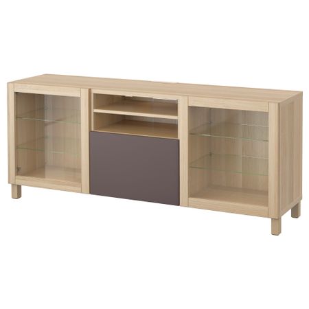 Тумба для ТВ с ящиками БЕСТО, под беленый дуб, Вальвикен темно-коричневый, прозрачное стекло (180x40x74 см)