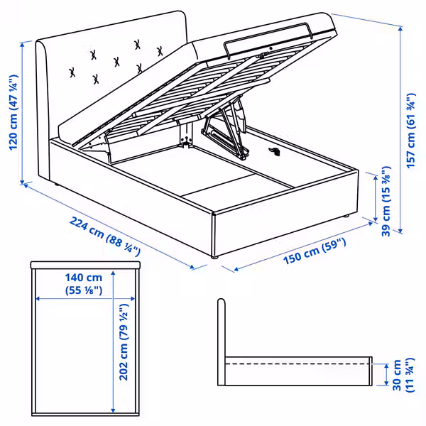 IDANÄS Тахта с обивкой - Gunnared темно-серый 140x200 см - схема-чертеж с размерами