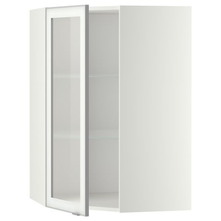 Угловой навесной шкаф с полками, стекляными дверцами МЕТОД, белый, Ютис матовое стекло