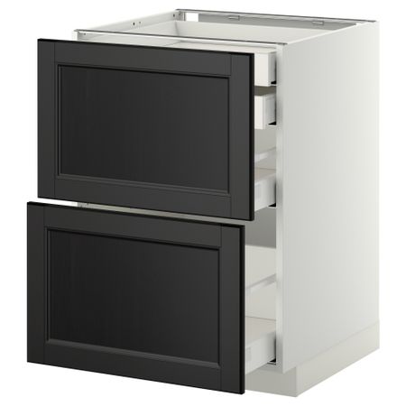 Напольный шкаф 2 фронтальные панели, 2 нижних, 1 средний, 1 высокий ящик МЕТОД / МАКСИМЕРА, белый, Лаксарби черно-коричневый