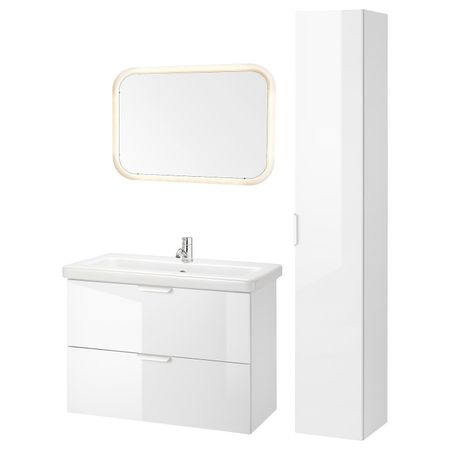 Комплект мебели для ванной,8 предм., глянцевый белый/ПИЛКОН смеситель 84x43x65 см IKEA FISKÅN ФИСКОН / TVÄLLEN ТВЭЛЛЕН