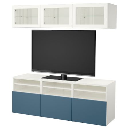 Шкаф для ТВ, комбинированный, стекляные дверцы БЕСТО, белый Вальвикен, темно-синий прозрачное стекло (180x40x192 см)