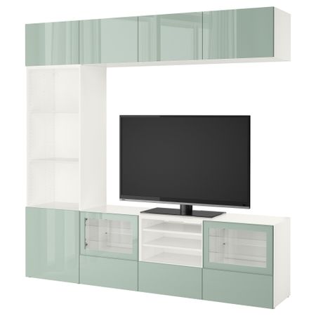 Шкаф для ТВ, комбинированный, стекляные дверцы БЕСТО, белый Сельсвикен, глянцевый/серо-зеленый светлый прозрачное стекло