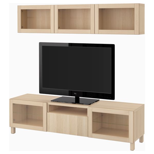 Шкаф для ТВ, комбинированный, стекляные дверцы БЕСТО, Лаппвикен, Синдвик под беленый дуб, прозрачное стелко (180x20/40x166 см) - фото 1