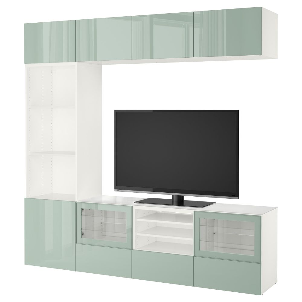 Шкаф для ТВ, комбинированный, стекляные дверцы БЕСТО, белый Сельсвикен, глянцевый/серо-зеленый светлый прозрачное стекло - фото 1