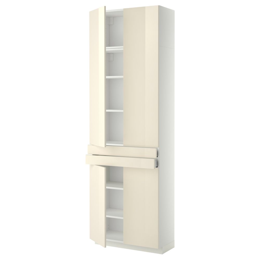 Высокий шкаф + полки, 2 ящика, 4 дверцы МЕТОД / МАКСИМЕРА, белый, Рингульт кремовый (80x37x240 см) - фото 1