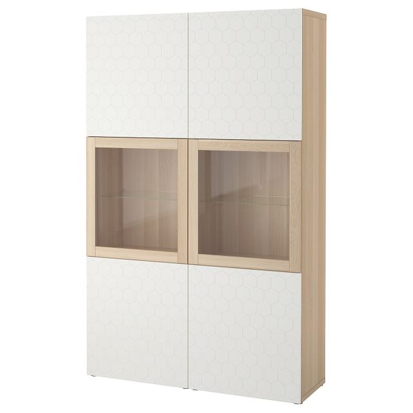 Комбинация для хранения + стеклянная дверц, под беленый дуб/вассвикен белый прозрачное стекло 120x40x192 см IKEA БЕСТО - фото 1